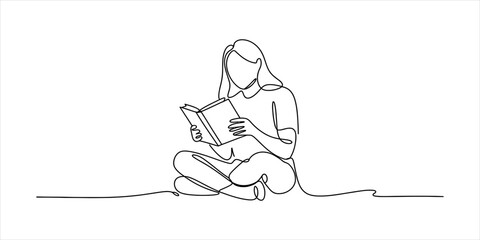A young woman sitting and reading a book drawn as a simple continuous single line art sketch illustration for a creative education design concept © Rotna