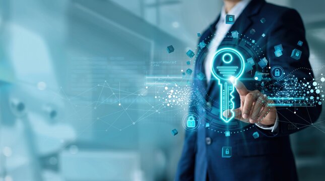 Business person touching glowing digital key icon representing cyber security, data protection, encryption, authentication, access control, privacy and network safety concept