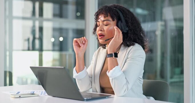 Frustrated, woman and consultant with stress on laptop in office for difficult customer or CRM. Female person, employee or tired agent talking with headset on computer for online refusal in workplace