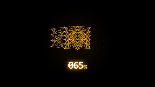 A video showing a glowing golden neural network expanding alongside an increasing percentage counter, depicting data processing or system loading progress on a black background.