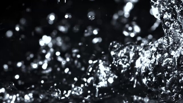 Water stream striking and scattering into bright droplets on a black background.