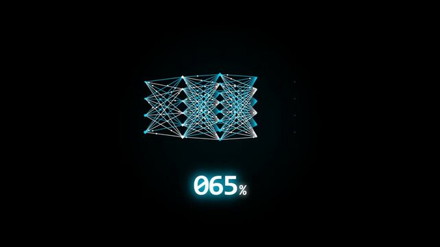 A futuristic progress bar featuring a glowing blue neural network structure that gradually completes as a percentage counter climbs from 16% to 93% against a stark black background.