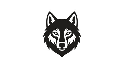Fototapeta premium A striking black and white minimalist illustration of a wolf's head, facing forward with a fierce and majestic expression.
