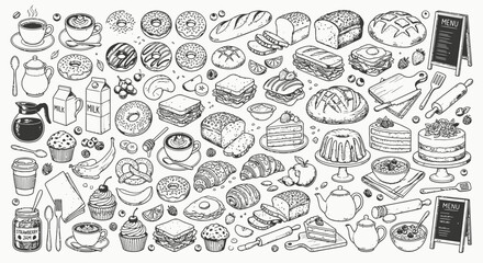 Obraz premium Large collection of hand-drawn breakfast and bakery doodles featuring coffee, donuts, bread, croissants, cakes, fruit, and kitchen utensils in black and white line art style.