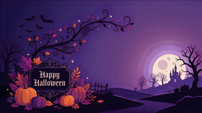 Halloween pumpkins glowing under full moon with flying bats and spooky trees at night.
