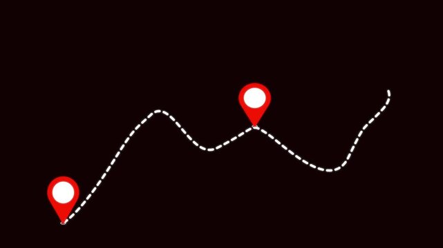 Red location pin icons moving along a dotted path on a dark background with video red map markers following white dashed trajectory across black screen