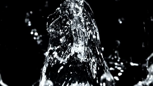 Slow motion water splash with droplets bursting on pure black background