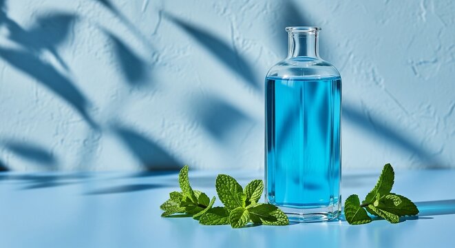 A clear glass bottle filled with vibrant blue refreshing liquid surrounded by fresh green mint leaves on a bright blue surface