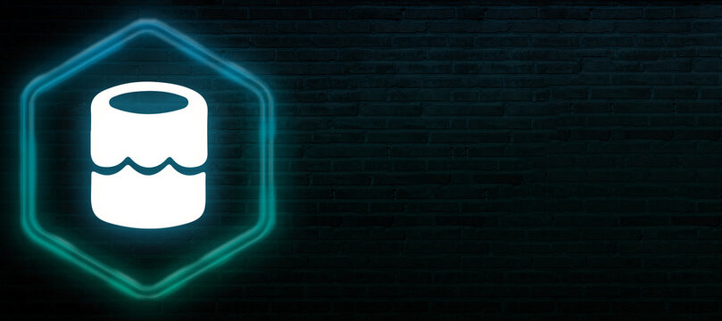 Neon Glowing Data Lake Cylinder Icon on Dark Hexagon Brick Wall Background