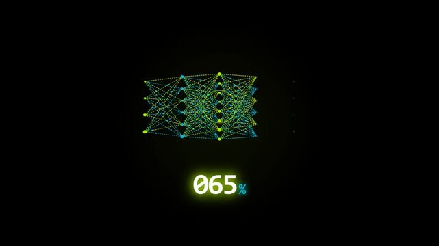 A dynamic animation shows a complex neural network forming, with nodes and connections pulsing as a percentage counter rapidly increases, signifying AI training or data processing progress.