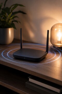 A black wireless router sits on a wooden shelf, emitting glowing blue Wi-Fi signals into the surrounding dimly lit room.