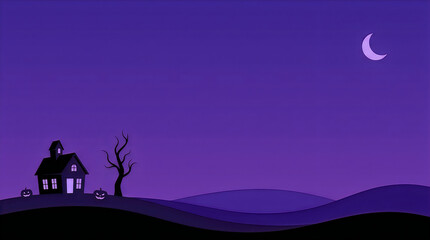 Naklejka premium Silhouette of small house and person under full moon at night on hilltop landscape.
