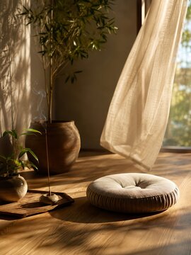 Sunlight streams through a sheer curtain, illuminating a meditation cushion and plants on a wooden floor.
