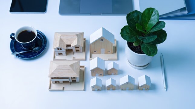 Wooden house models on white desk with coffee cup and plant, real estate investment, property planning, architecture design, mortgage loan idea, home buying process