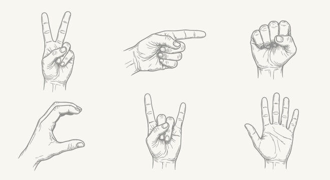 Collection of minimalist hand-drawn black and white line art human hand gestures including peace sign, pointing finger, clenched fist, letter C, rock on horns, and open palm on white.