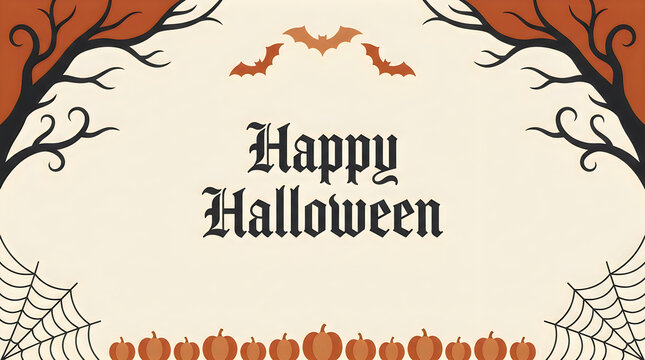 Halloween greeting card with spooky autumn tree and festive orange text design.