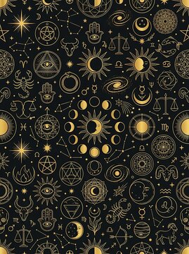 Golden celestial and mystical zodiac symbols seamless pattern
