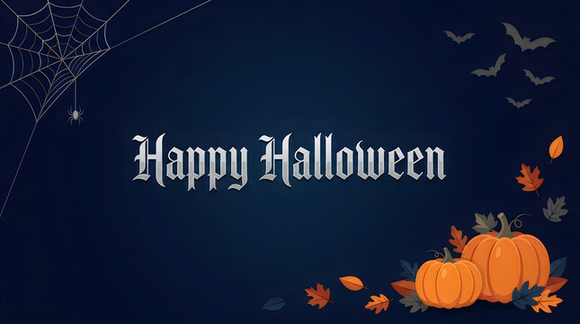 Halloween pumpkin with festive greeting on dark spooky background and flying bats.