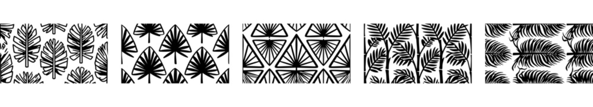 Black and white tropical leaf patterns and seamless botanical designs hand drawn vector illustrations set for creative surface patterns and textile prints
