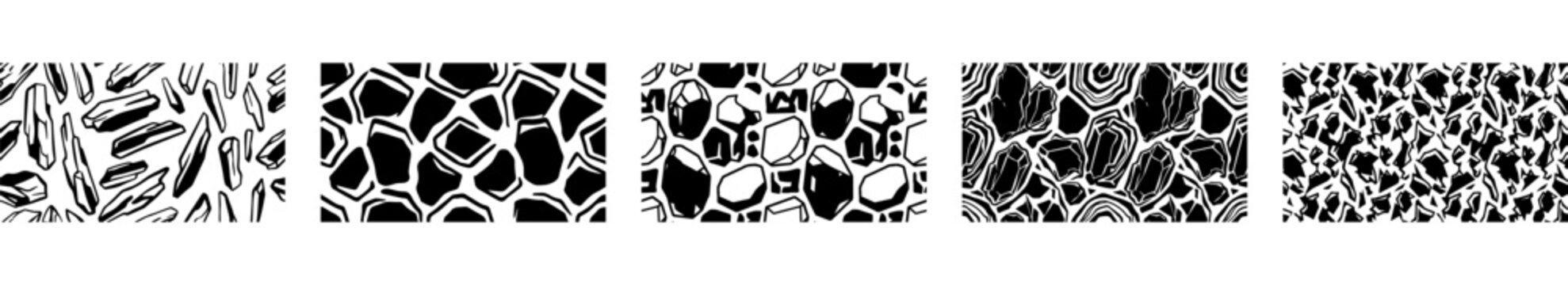 black and white hand drawn seamless patterns set featuring abstract stone shapes and organic textures for creative graphic design projects