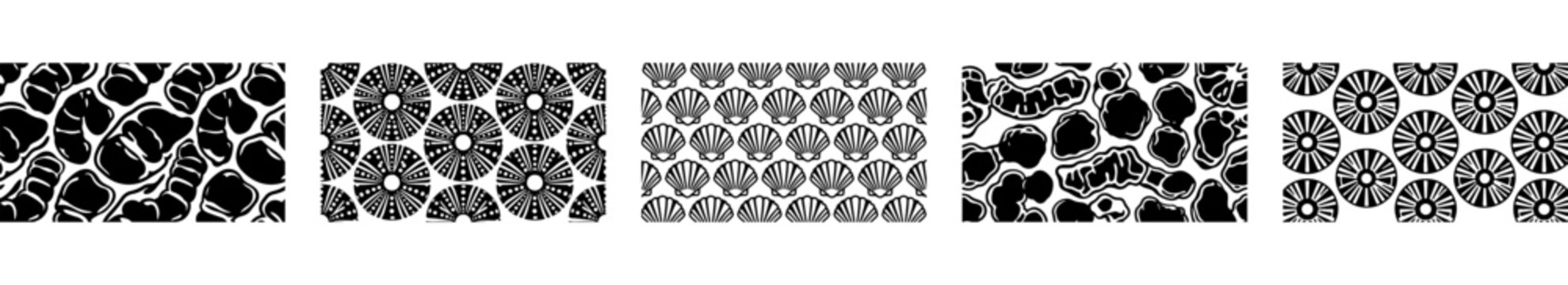 Set of black and white fruit seamless patterns vector illustration featuring various food textures and abstract shapes for textile and background designs