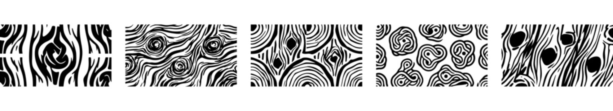 seamless black and white wooden textures and patterns set with abstract grain lines and natural rings for graphic design projects