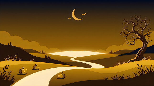 Full moon rising over desert road at night with dead tree silhouette.