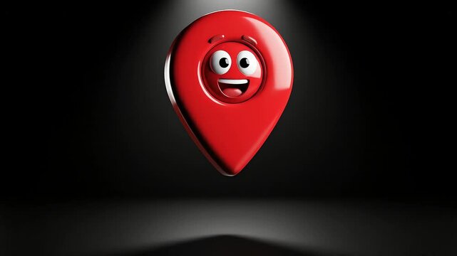 Animated 3d red map pin character bouncing under a spotlight