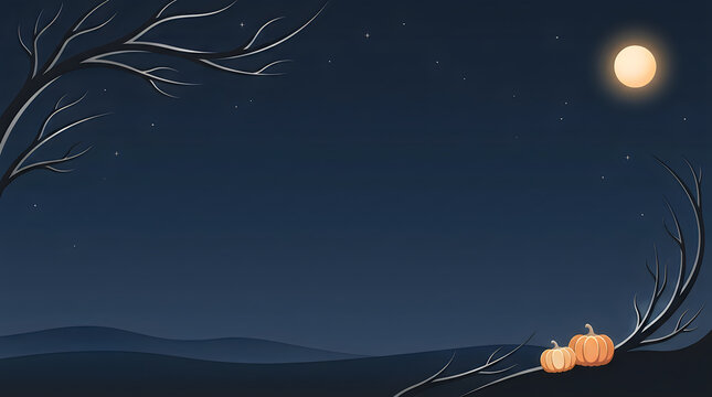 Full moon rising over dark silhouette of bare tree branches at night with campfire glow.