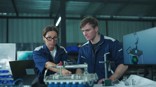 Man and woman engineers discussing mechanical assembly on a laptop. Teamwork and technology integration on the factory floor.