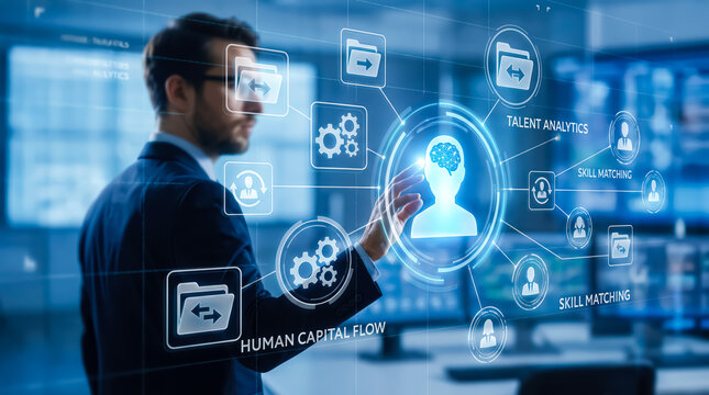 Businessman interacting with a futuristic digital interface representing human capital management, talent analytics, and skill matching technology