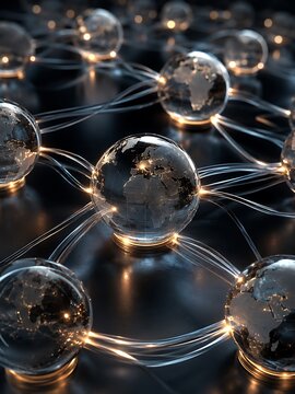 Abstract network of glowing glass globes representing global connectivity and data transfer.