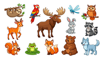 Obraz premium Cute Forest Animals Vector Set with Cartoon Deer, Bear, Fox, Owl, and Squirrel Characters for Kids Birthday Cards, Nursery Decor, and Educational Designs