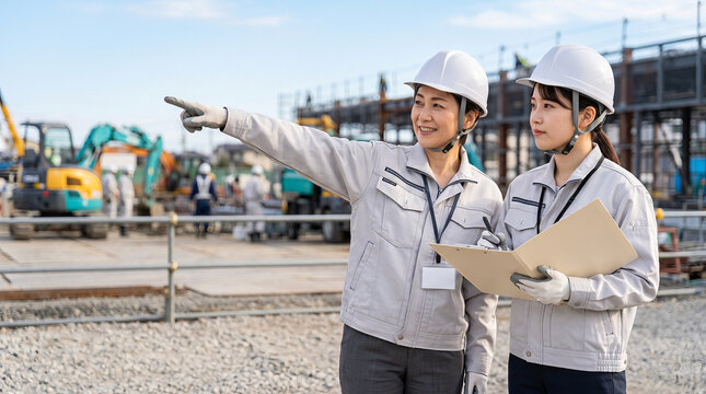 建設現場で遠くの施工箇所を指差し、後輩に指導する先輩女性作業員 / Senior female construction worker pointing at a distant work area while mentoring a junior colleague on site