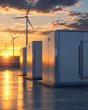 Renewable energy storage systems with wind turbines and solar panels at sunset, reflecting golden light on a wet surface.