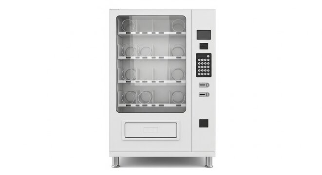 Modern empty white vending machine with glass display and keypad console isolated on a clean white background