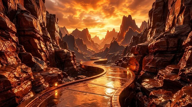 Fiery landscape of ancient ruins and a glowing river of lava