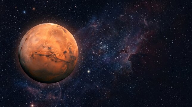Red planet Mars in deep space with starry, astronomical view of solar system neighbor, exploration and universe, cosmic imagery for science projects