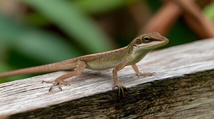 Fototapeta premium A small brown lizard perched on a weathered wooden surface with green foliage softly blurred in the background