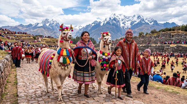 A happy Peruvian family in traditional colorful attire walking with decorated llamas on a historic stone path in Cusco