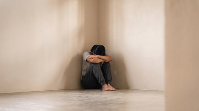 Sad young woman sitting alone in corner of empty room, feeling depressed and isolated, mental health crisis showing loneliness, anxiety, emotional pain and psychological distress