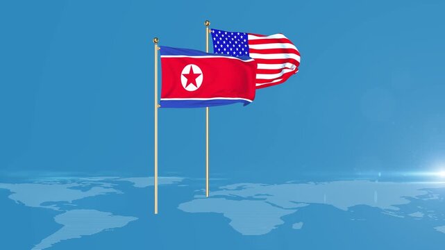 USA and North Korea Flags Waving Together in the Wind with Realistic Texture. National flag wave animation on world map 4K.