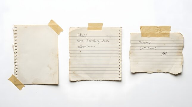 Torn handwritten notebook pages with sticky tape repairs on white background for notes and planning