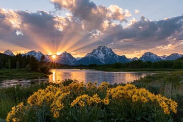 Obraz premium The Alpine Lake Sunset With Golden Wildflowers And Majestic Mountain Peaks
