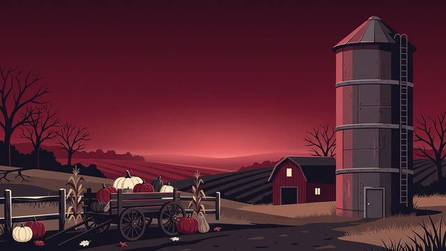 Autumn Farm Landscape with Pumpkin Wagon Barn and Silo at Sunset Vector Illustration