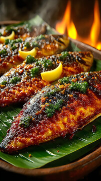 Spicy grilled hilsa fish with crispy skin banana leaf serving Bangladeshi cuisine Images