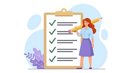 Fototapeta premium Young professional woman marking completed tasks on checklist with pencil in office setting