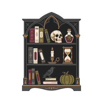 Gothic dark academia bookshelf vector, mystical library with skull and raven, occult halloween cabinet illustration isolated on White Background editable SVG