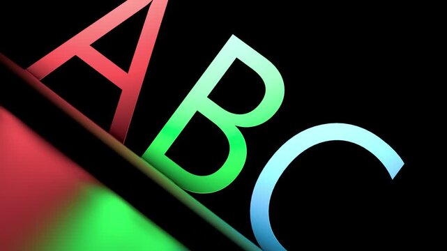 Letters A B C glowing on a black background with reflection. ABC analysis, research, study, animation. 3D render.