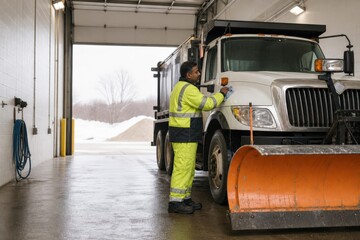 Obraz premium Snow Plow Driver Training Cleans Safety Lights After Shift